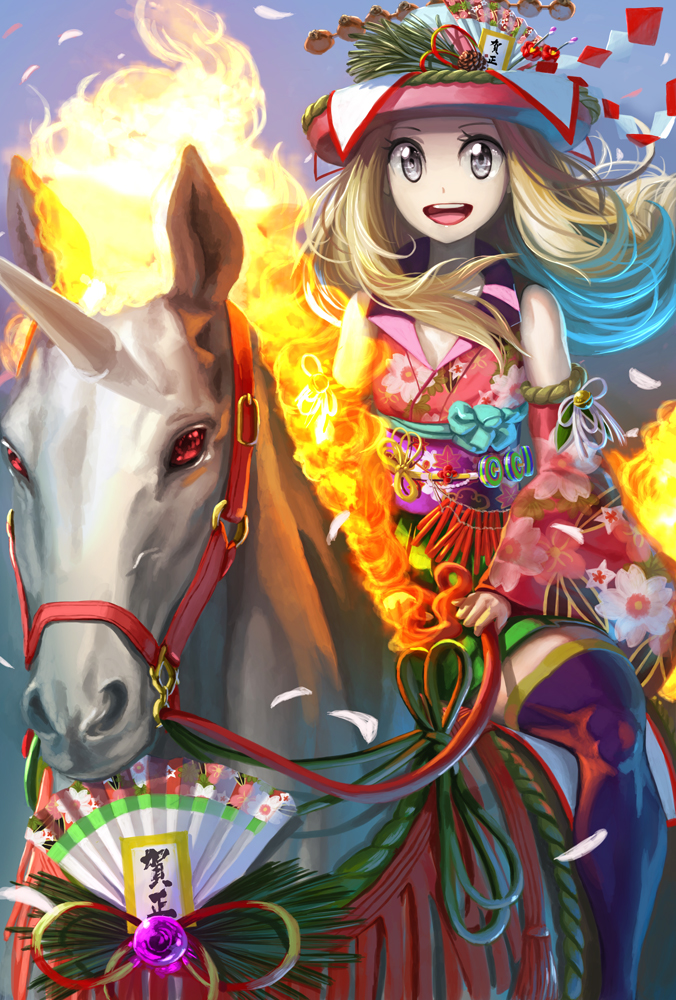 1girl, 2014, blonde_hair, blue_eyes, fire, hat, hisano_motoki, horn