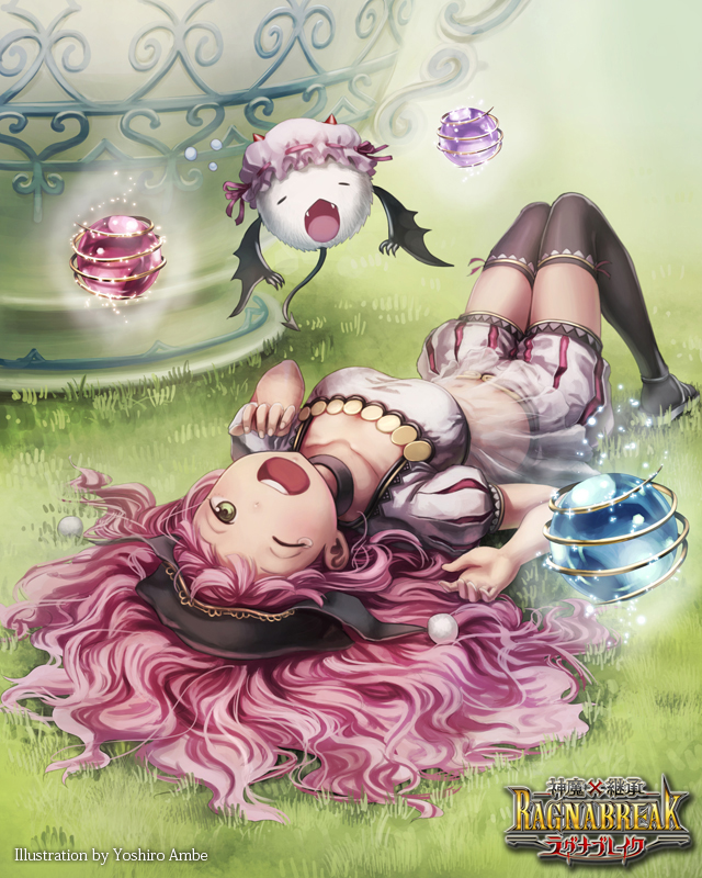 1girl, anbe_yoshirou, bat_wings, black_legwear, cecil_(shinma_x_keishou!_ragnabreak), green_eyes, long_hair, pink_hair