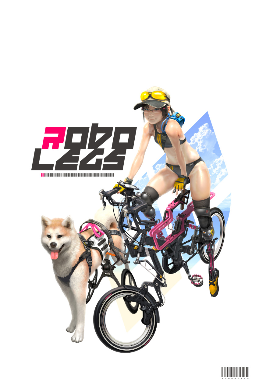 1girl, absurdres, bicycle, brown_hair, dog, glasses, highres, original, prosthesis, prosthetic_leg, tsudajiro