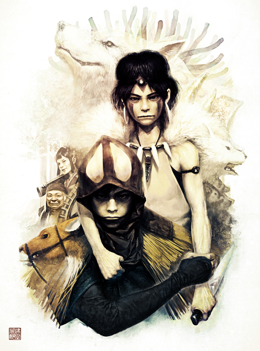 2boys, 2girls, absurdres, ashitaka, character_request, eboshi, highres, mononoke_hime