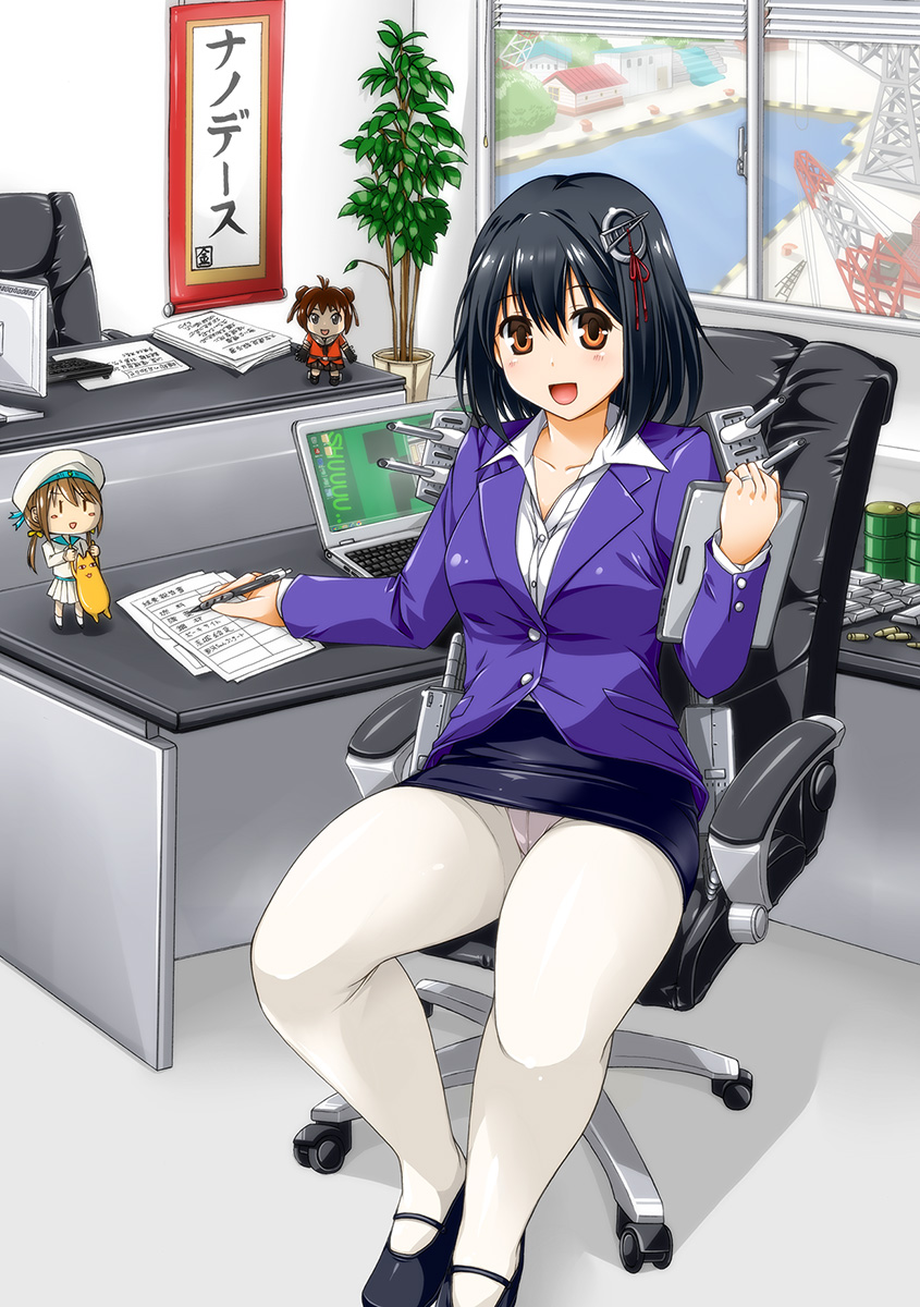 1girl, adapted_costume, alternate_costume, black_hair, blush, breasts, brown_eyes, building