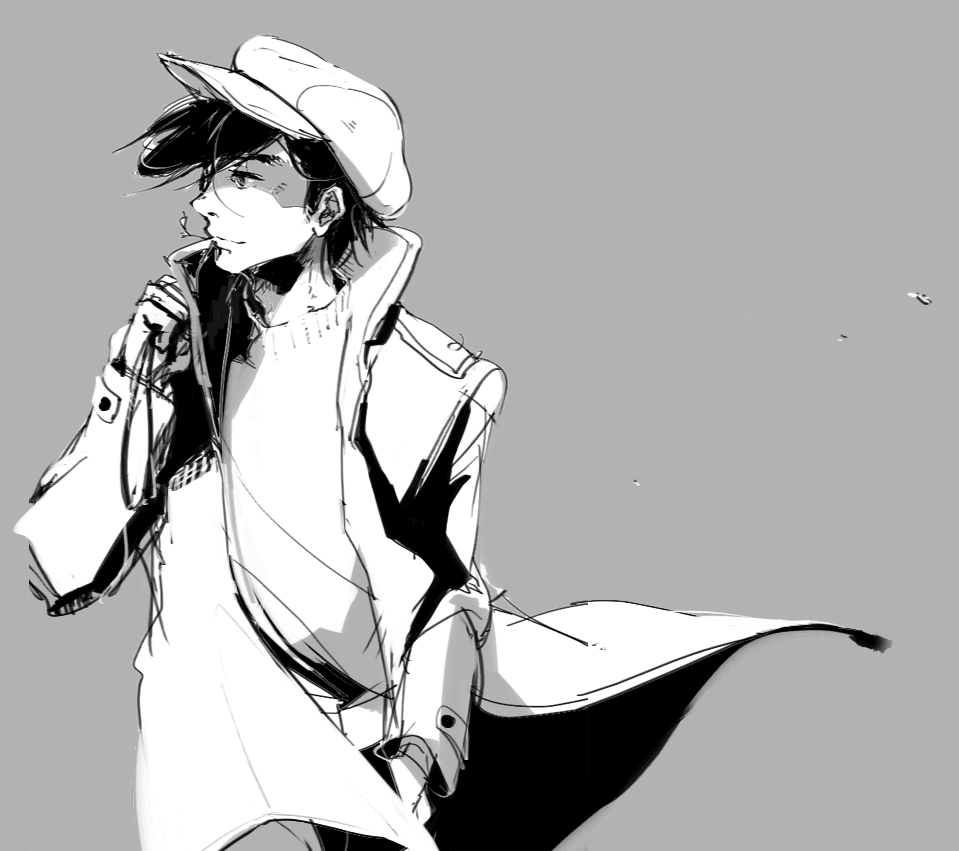 ashita_no_joe, hand_in_pocket, hat, jacket, male, monochrome, moriofix, mouth_hold