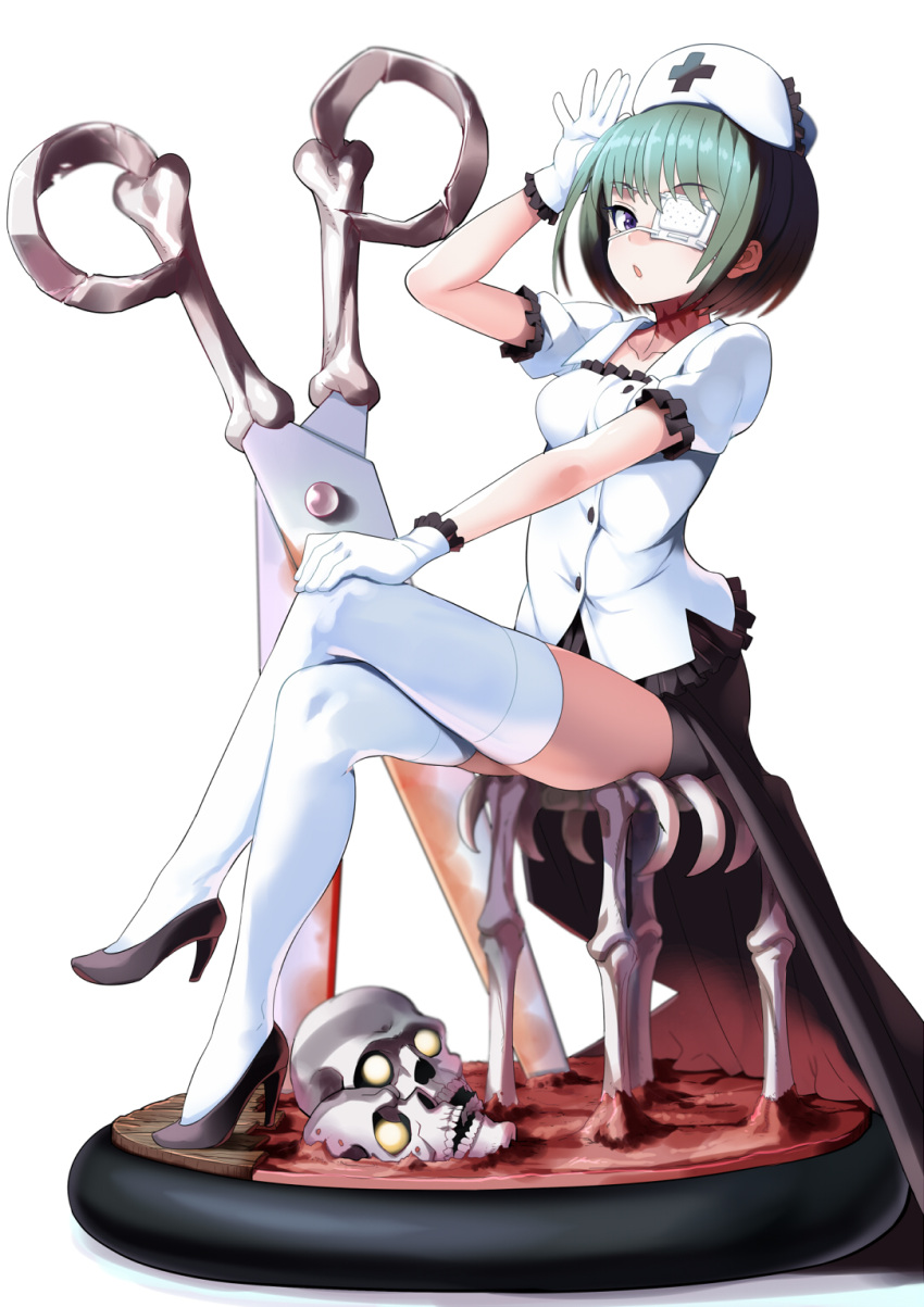 1girl, blue_eyes, bone, crossed_legs, eyepatch, gloves, green_hair, hat, highres, nurse, nurse_cap, oversized_object, pixiv_fantasia, scissors, shin'ya_(shin'yanchi), showgirl_skirt, sitting, skull, solo, stool, thigh-highs, white_gloves, white_legwear