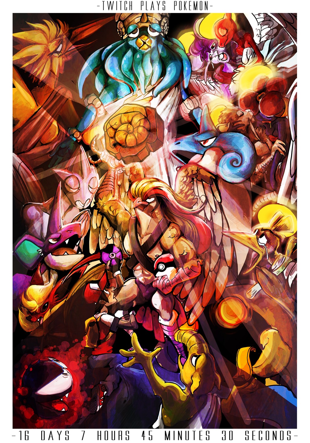 1boy, abs, angel_wings, charmeleon, drowzee, farfetch'd, flareon, gastly, halo, helix_fossil, highres, lapras, nidoking, omastar, personification, pidgeot, poke_ball, pokemon, pokemon_(game), pokemon_rgby, raticate, rattata, red_(pokemon), red_(pokemon)_(classic), tia_(iris-sempi), twitch_plays_pokemon, vileplume, wings, zapdos