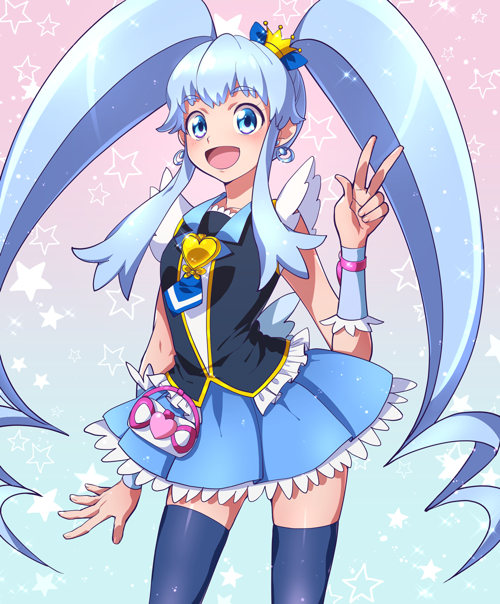 1girl, blue_background, blue_eyes, blue_hair, blue_legwear, blue_skirt, crown, cure_princess