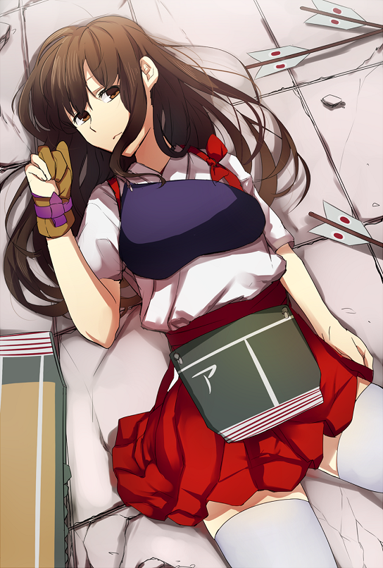 1girl, akagi_(kantai_collection), arrow_(weapon), ashiwara_yuu, blush, brown_eyes, brown_hair, japanese_clothes