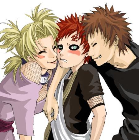 blonde_hair, blush, brown_hair, embarrassed, fishnets, gaara, green_eyes, kankuro