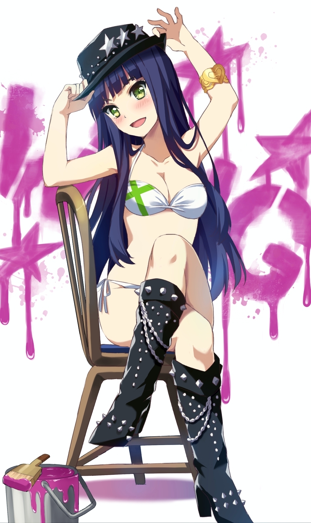 1girl, bikini, black_hair, boots, chair, crossed_legs, green_eyes, hat, highres, long_hair, nanase_yoshino, paint_can, paintbrush, sitting, swimsuit, tonee, wake_up_girls!
