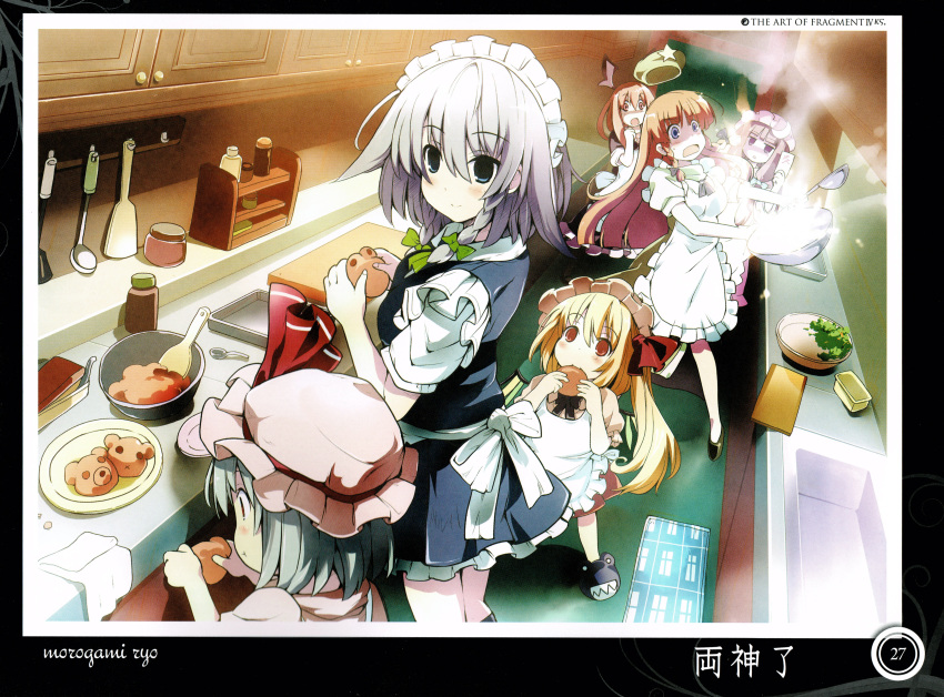 6+girls, absurdres, apron, artist_name, bat_wings, blonde_hair, blue_eyes, blue_hair