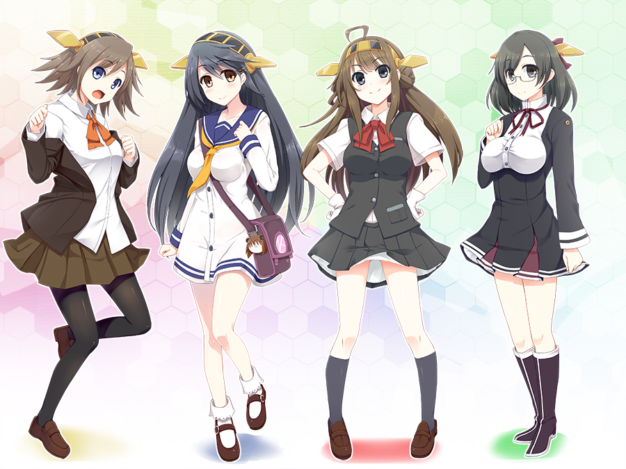 4girls, ahoge, bag, black_hair, blazer, breasts, brown_hair, cosplay