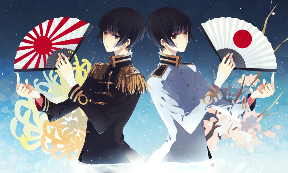 2boys, axis_powers_hetalia, bangs, black_hair, buttons, dual_persona, fan, holding