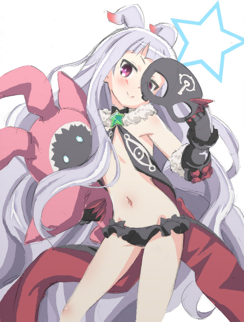 1girl, antenna_hair, blush, hoshimiya_kate, long_hair, looking_at_viewer, mask, mask_removed