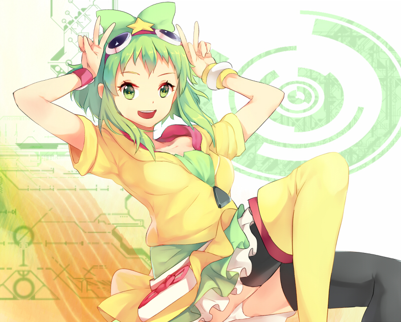 1girl, :d, bow, cosplay, crossover, cure_lovely, cure_lovely_(cosplay), double_v, goggles, goggles_on_head, green_eyes, green_hair, gumi, hair_bow, happinesscharge_precure!, hoodie, lollipop_hip_hop, mismatched_footwear, nakajima_megumi, open_mouth, panties, pantyshot, precure, seiyuu_connection, short_hair, shovelwall, sitting, skirt, smile, solo, thigh-highs, underwear, v, vocaloid, white_panties