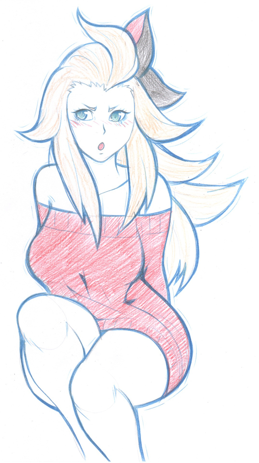 1girl, arms_behind_back, bare_shoulders, blonde_hair, blue_eyes, blush, bravely_default:_flying_fairy, breasts