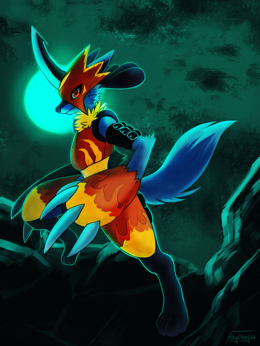 2014, armor, artist_name, buckle, character_name, claws, digimon, digimon_adventure_02, flamedramon, full_body, full_moon, fur, fusion, glowing, haychel, highres, horn, lucario, moon, moonlight, night, paws, pokemon, pokemon_(creature), signature, solo, standing_on_one_leg, tail