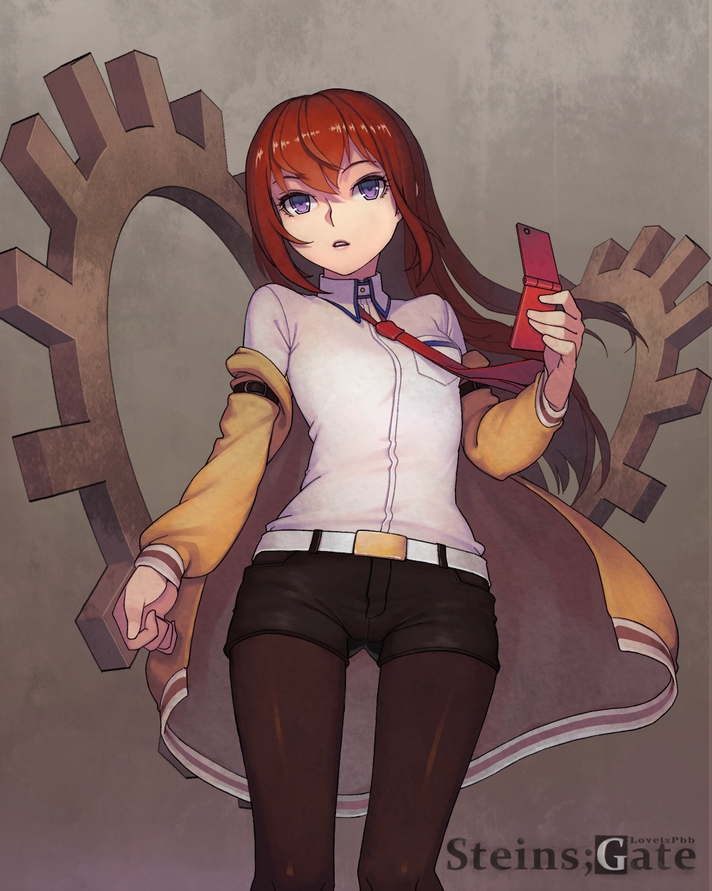 1girl, belt, cellphone, gears, highres, jacket, legwear_under_shorts, long_hair