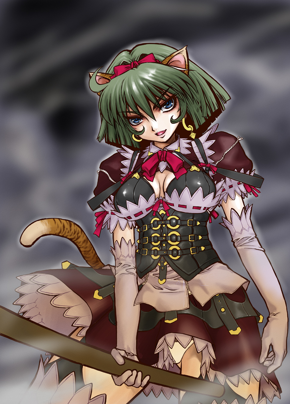 blue_eyes, bow, bowtie, cat_ears, corset, elbow_gloves, gloves, green_hair