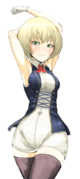 1girl, armpits, arms_up, bare_shoulders, black_legwear, blonde_hair, blush, bob_cut, clothed_navel, dress, fran_francois_francesca_de_bourgogne, frown, gloves, god_eater, god_eater_2, green_eyes, looking_at_viewer, onio, short_hair, simple_background, skirt, sleeveless, solo, sweatdrop, thighhighs, wavy_mouth, white_background, white_gloves
