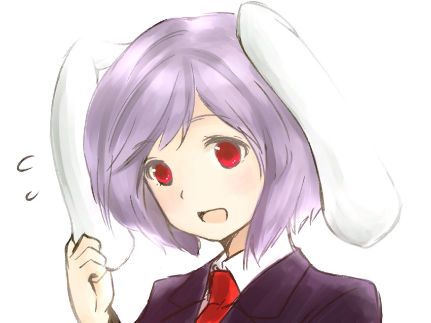 1girl, animal_ears, bust, ear_tug, flying_sweatdrops, lavender_hair, looking_at_viewer, nagata_nagato, necktie, open_mouth, rabbit_ears, red_eyes, reisen, short_hair, simple_background, solo, suit_jacket, touhou, white_background