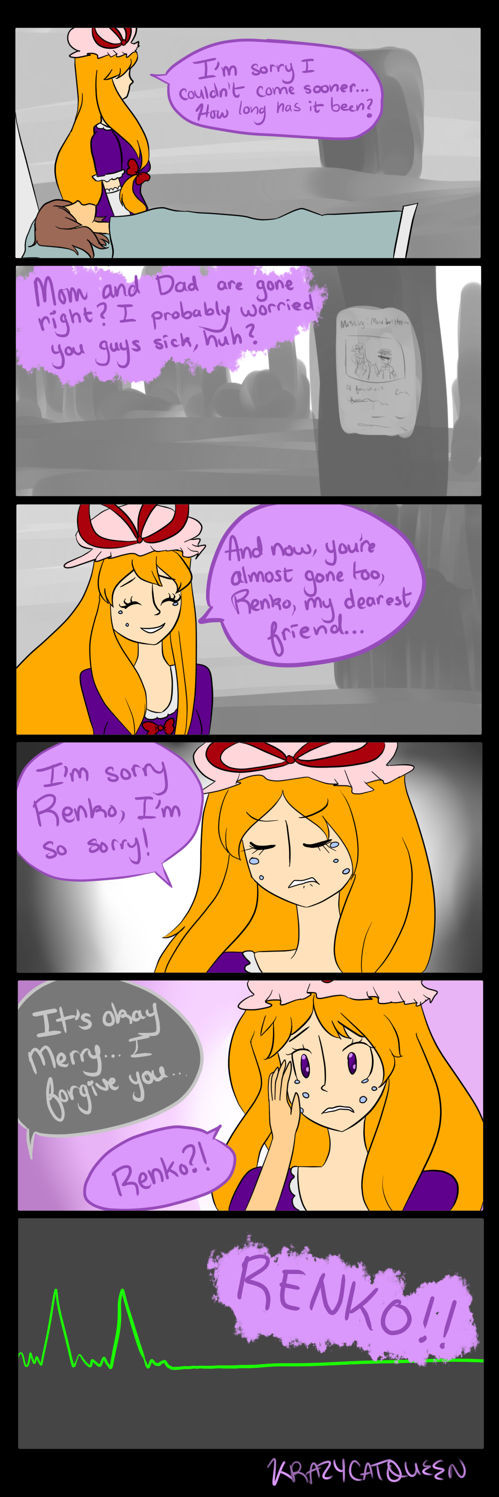 2girls, absurdres, artist_name, bed, blonde_hair, brown_hair, comic, crying, crying_with_eyes_open, death, dying, english, faceless, faceless_female, hand_on_another's_face, heart_monitor, highres, hospital, hospital_bed, krazycatqueen, lying, maribel_hearn, mob_cap, multiple_girls, older, signature, smile, tears, touhou, usami_renko, violet_eyes, yakumo_yukari, yakumo_yukari_(cosplay)flatline