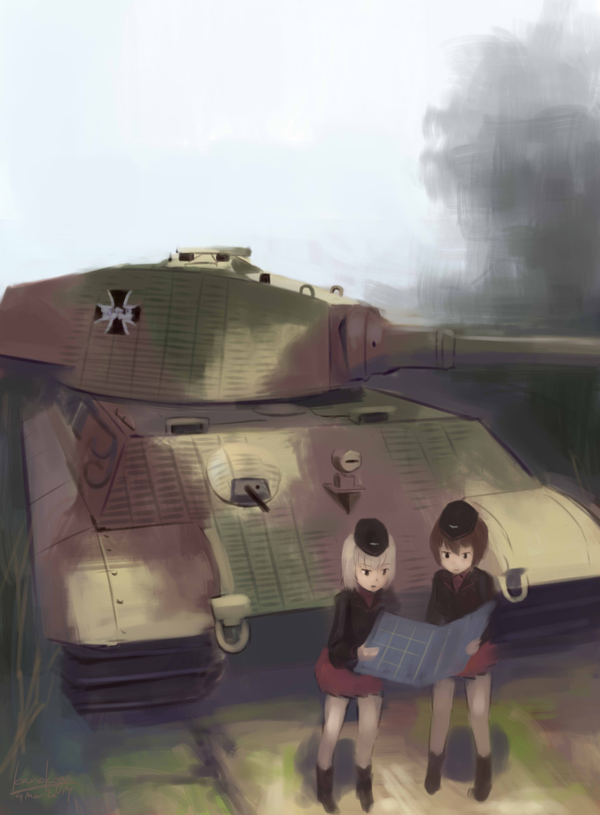 2girls, artist_name, brown_hair, caterpillar_tracks, dated, faux_traditional_media, garrison_cap, girls_und_panzer, grey_hair, hat, highres, itsumi_erika, kanokoga, king_tiger, map, military, military_vehicle, multiple_girls, nishizumi_maho, pleated_skirt, short_hair, skirt, tank, uniform, vehicle