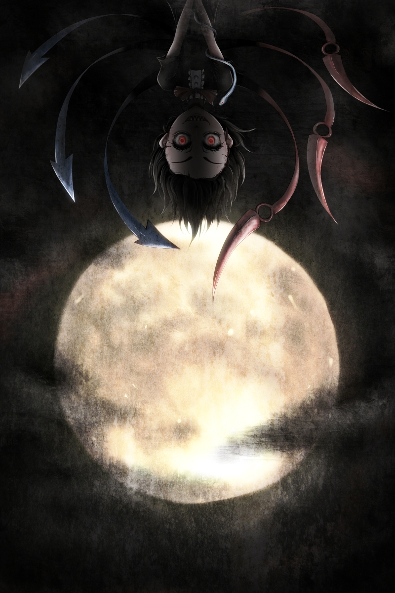 1girl, asymmetrical_wings, black_hair, clouds, cloudy_sky, evil_grin, evil_smile, full_moon