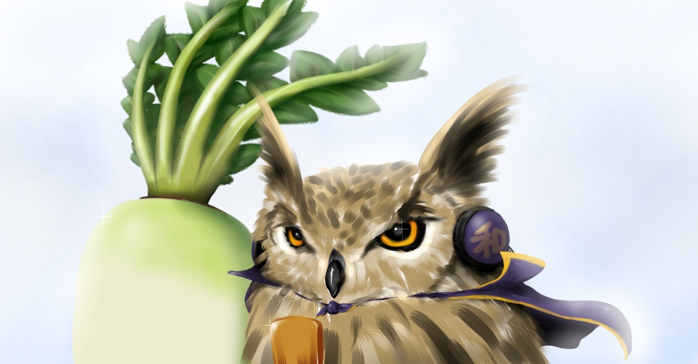 bird, cape, daikon, headphones, kazesayuru, owl, radish, soga_no_tojiko