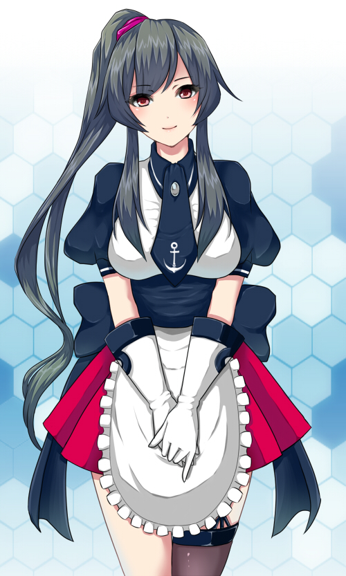 1girl, apron, black_hair, black_legwear, gloves, hex_grid, kafra, kantai_collection, long_hair, looking_at_viewer, mekabu_(ainamigon), personification, ponytail, ragnarok_online, red_eyes, single_thighhigh, smile, solo, thigh-highs, yahagi_(kantai_collection)
