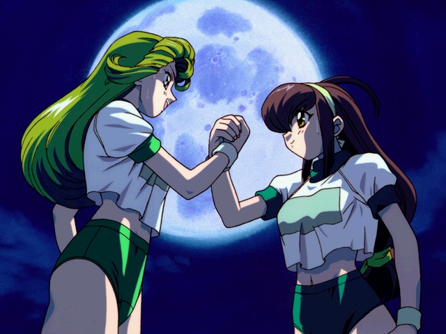2girls, ayla_v_roznovsky, battle_athletes, blonde_hair, brown_hair, buruma, full_moon, hairband