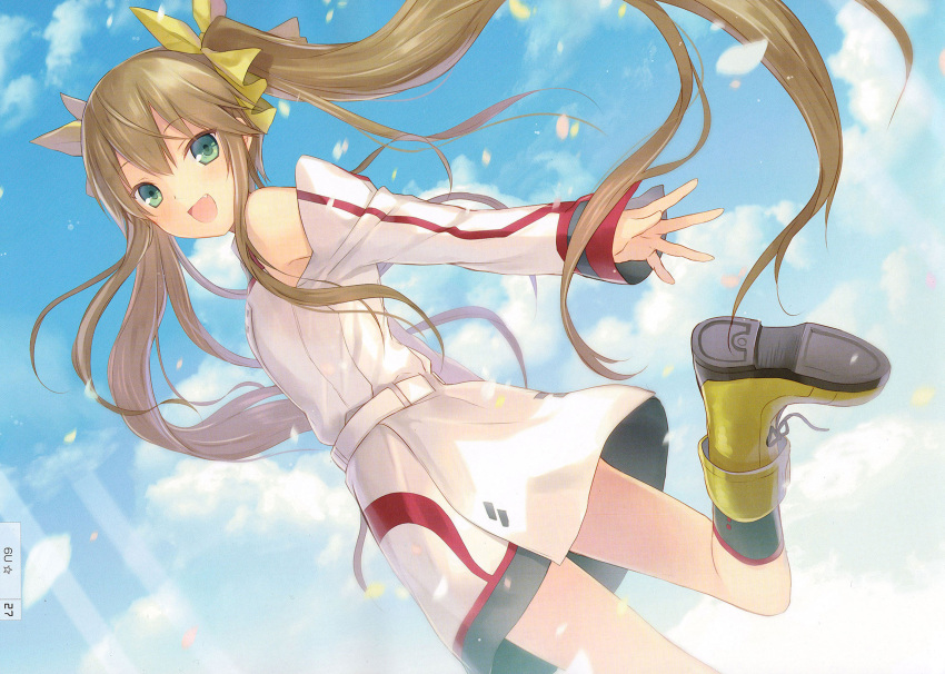 1girl, akahoshi_kenji, bare_shoulders, blush, boots, brown_hair, detached_sleeves, dress
