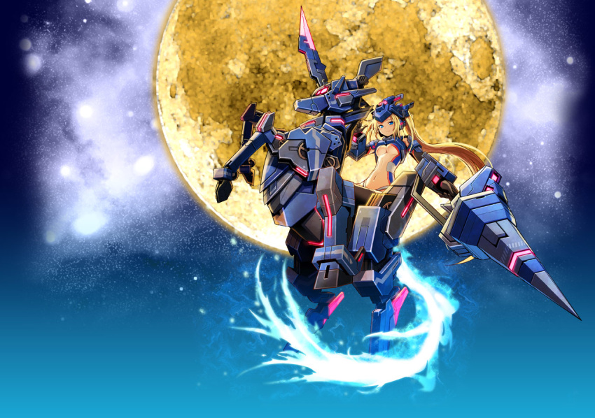 bare_shoulders, blonde_hair, blue_eyes, breasts, cosmic_break, full_moon, gloves, glowing