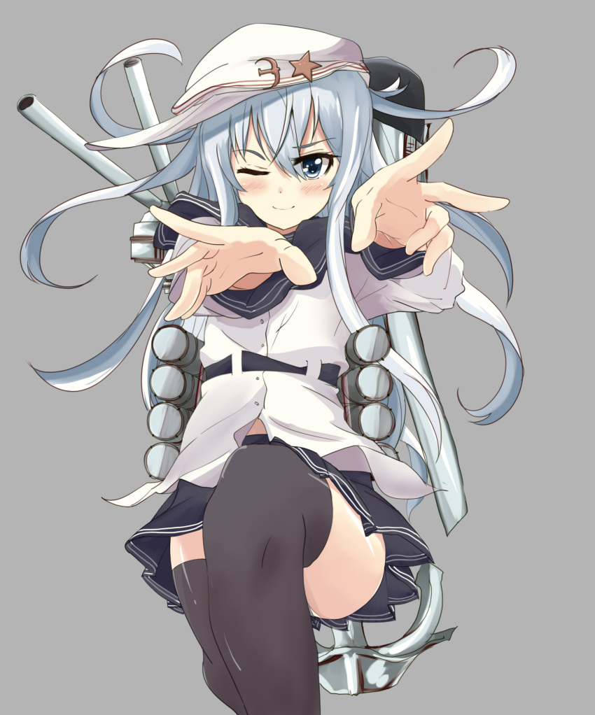 1girl, black_legwear, blue_eyes, blush, grey_background, hammer_and_sickle, hat, hibiki_(kantai_collection)