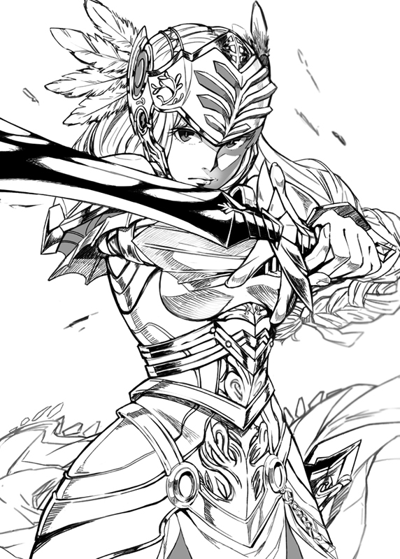 armor, feathers, helmet, lenneth_valkyrie, monochrome, pom_(nekojita), sword, valkyrie_profile