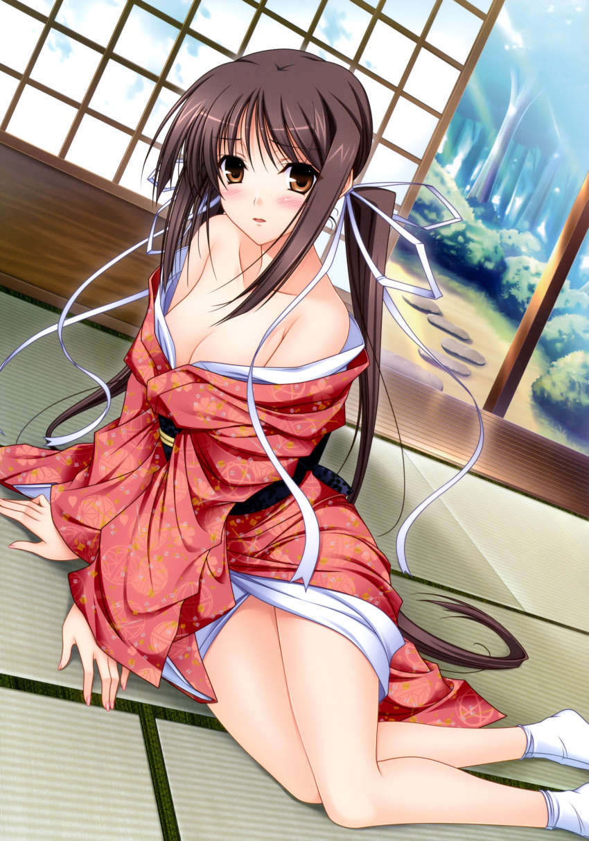 1girl, absurdres, breasts, brown_eyes, brown_hair, cleavage, garden, highres, houjouin_seika, japanese_clothes, kimono, komori_kei, princess_lover, sitting, sliding_doors, tabi, tatami, twintails, yokozuwari
