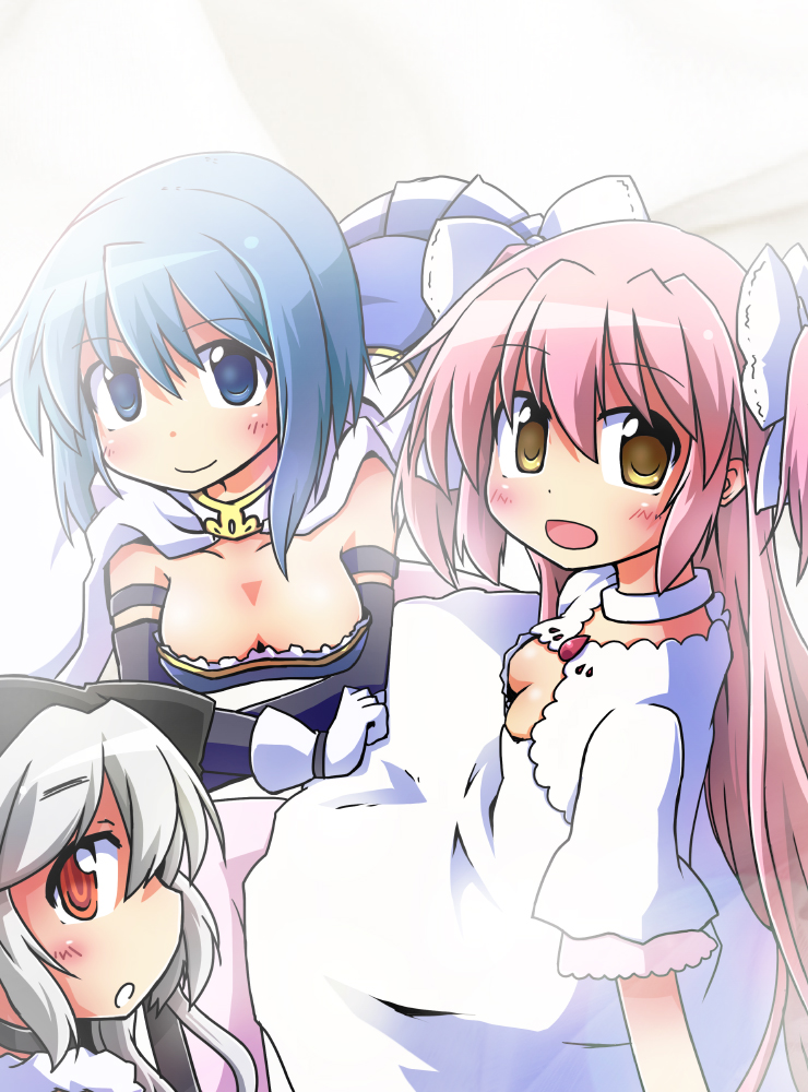 3girls, blue_eyes, blue_hair, bow, breasts, cape, cleavage, cleavage_cutout