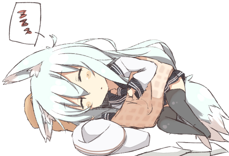 1girl, ^_^, animal_ears, black_legwear, blanket, closed_eyes, dog_ears, dog_tail, hibiki_(kantai_collection), kantai_collection, kariosuto21, kemonomimi_mode, long_hair, personification, silver_hair, skirt, sleeping, solo, tail, thigh-highs, verniy_(kantai_collection)