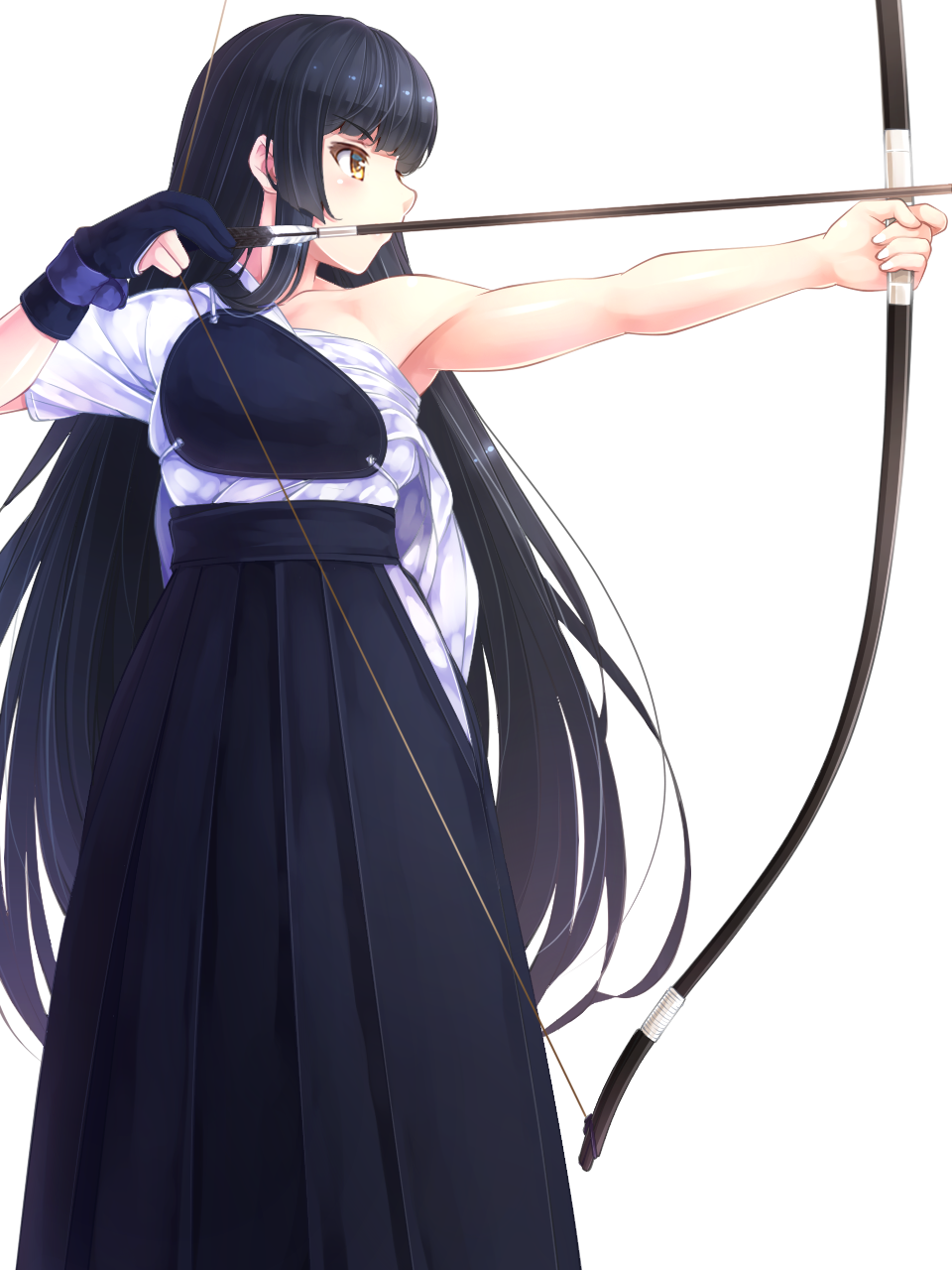 1girl, archery, arrow, black_hair, bow_(weapon), brown_eyes, collarbone, hakama