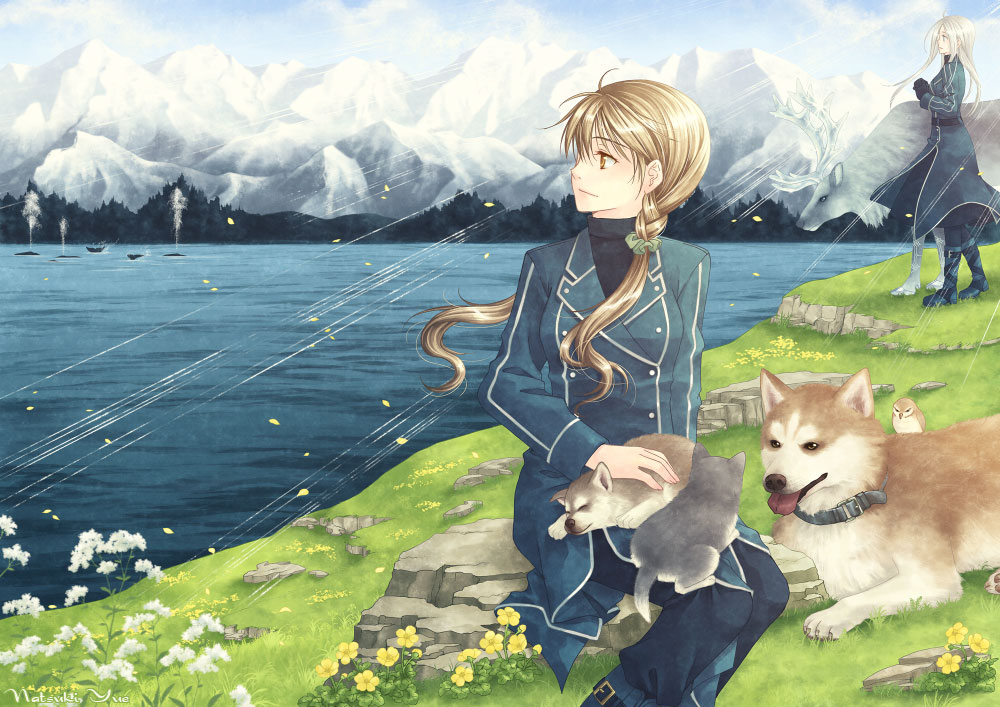 bird, blonde_hair, brown_hair, deer, dog, flower, grass, husky, moose, mountain, nature, puppy, reindeer, scenery, water, whale, wind, wolf, yellow_eyes, yue_natsuki