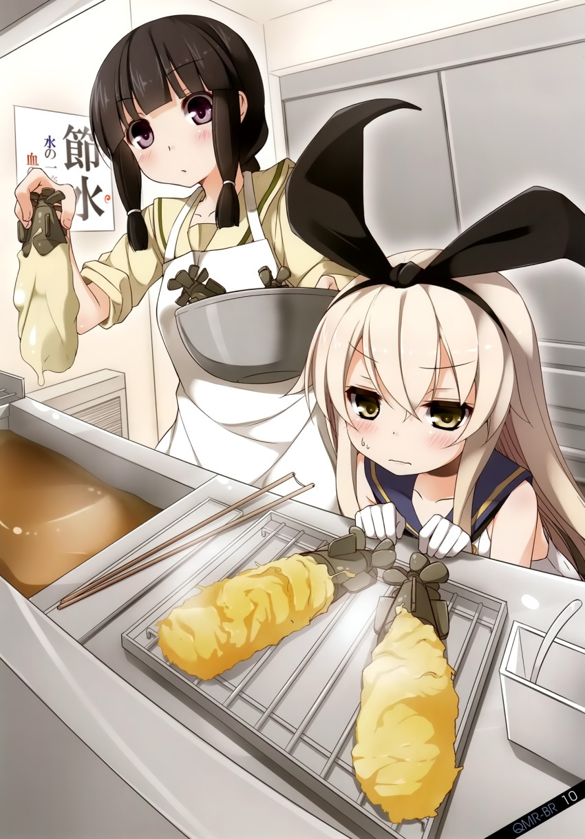 2girls, apron, batter, black_hair, blonde_hair, blush, bowl, chopsticks