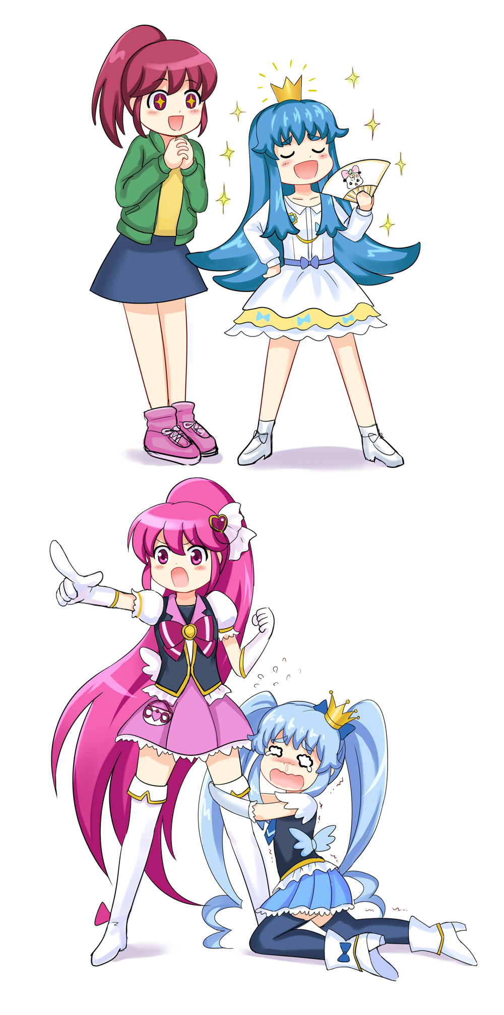 2girls, aino_megumi, blue_hair, boots, crown, crying, cure_lovely, cure_princess, fan, folding_fan, happinesscharge_precure!, highres, leg_grab, long_hair, magical_girl, mini_crown, multiple_girls, open_mouth, pink_eyes, pink_hair, ponytail, precure, ribbon_(happinesscharge_precure!), shirayuki_hime, skirt, smile, tears, thigh_boots, thighhighs, twintails, y.ssanoha