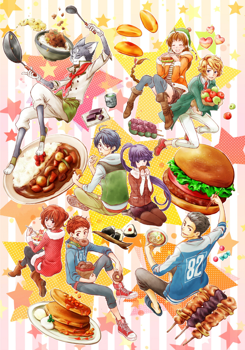 akatsuki_(log_horizon), apple, blue_hair, brown_eyes, brown_hair, candy, cat, chef_uniform
