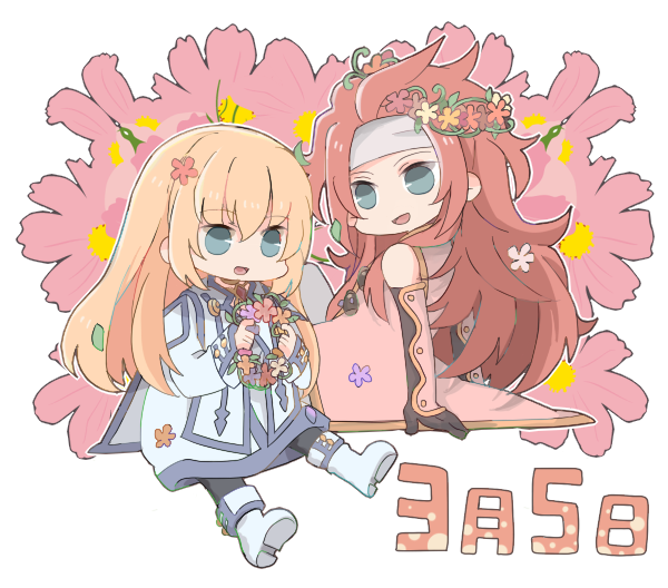 1boy, 1girl, blonde_hair, blue_eyes, chibi, coat, collet_brunel, dated