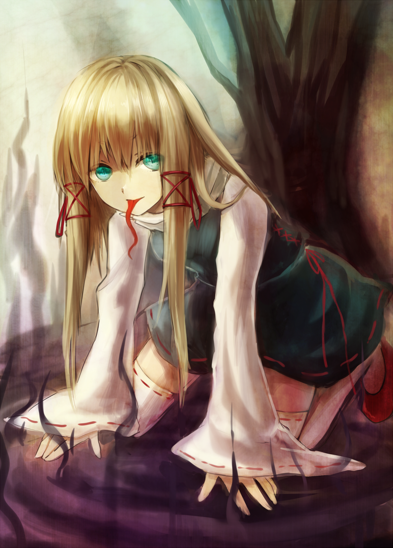 1girl, blonde_hair, bow, green_eyes, hair_bow, hair_ornament, kneeling, long_hair