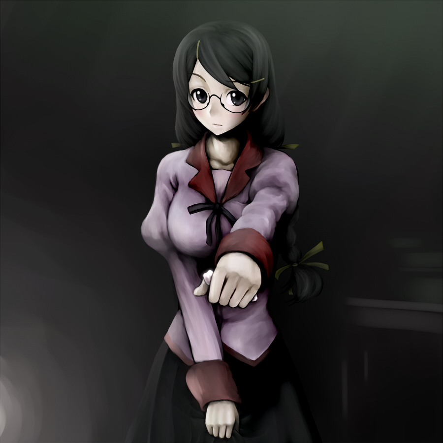 bakemonogatari, black_hair, blush, braid, dark, glasses, hanekawa_tsubasa, long_hair, monogatari_(series), school_uniform, siv-kuroino_(pixiv), siv_(kuroino), solo, twin_braids, twintails