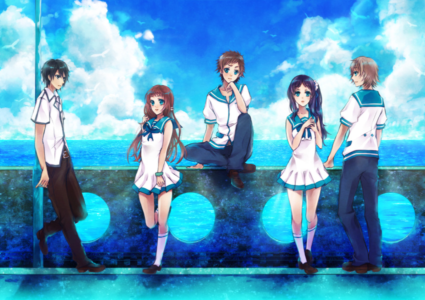 2girls, 3boys, black_eyes, black_hair, blonde_hair, blue_eyes, blue_hair, brown_hair, hiradaira_chisaki, isaki_kaname, kihara_tsumugu, long_hair, mukaido_manaka, multiple_boys, multiple_girls, nagi_no_asukara, pole, sailor_collar, sailor_dress, sakishima_hikari, sawori_(katherine9), school_uniform, serafuku, short_hair, side_ponytail, sitting, standing
