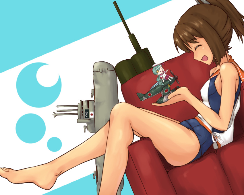 1girl, airplane, bare_shoulders, brown_hair, closed_eyes, fairy_(kantai_collection), i-401_(kantai_collection), kakileaf