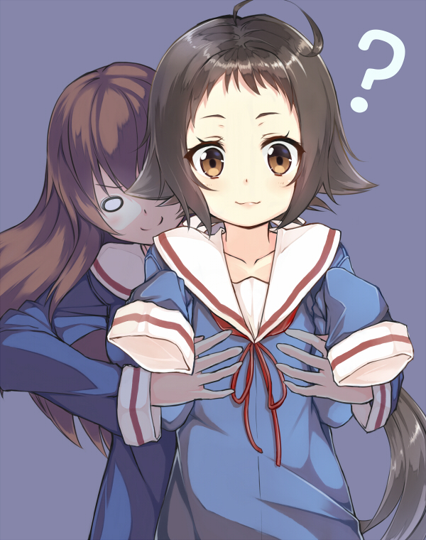 2girls, ?, ahoge, blue_background, brown_eyes, brown_hair, kyuuma_(shimashima521), long_hair