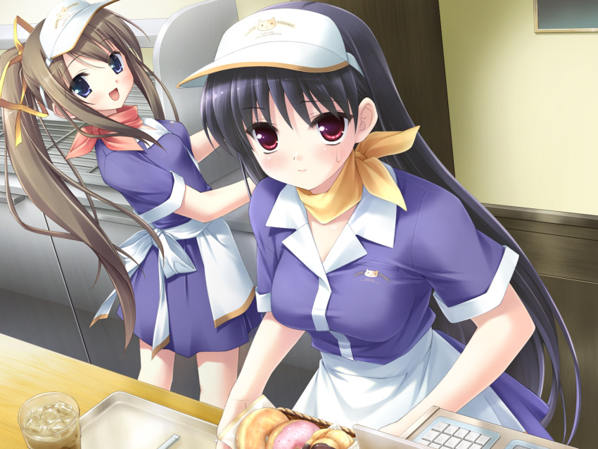 black_hair, cash_register, doughnut, drink, food, game_cg, hair_ribbon, highres, kanekiyo_miwa, kantoku, long_hair, miyazawa_midori, natsu_no_ame, open_mouth, part_time_job, ponytail, red_eyes, ribbon, segawa_rikako, smile, tray, very_long_hair, visor, visor_cap
