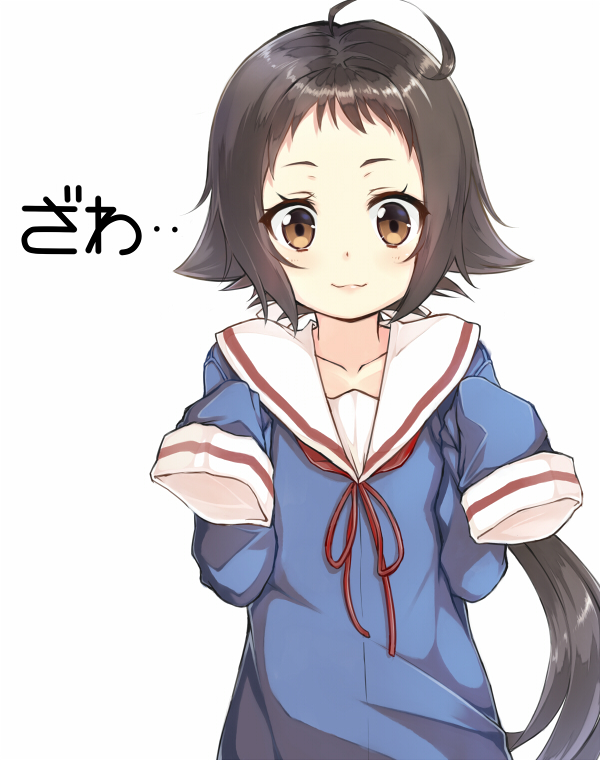 1girl, :3, ahoge, brown_eyes, brown_hair, kyuuma_(shimashima521), long_hair, looking_at_viewer