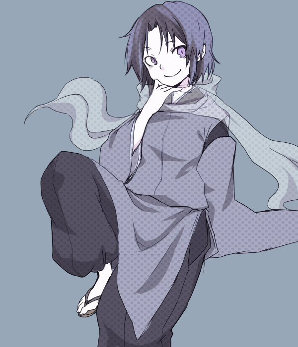 1girl, blue_background, grey_background, japanese_clothes, looking_at_viewer, miyako_yoshika, miyako_yoshika_(living), purple_hair, sandals, scarf, short_hair, siroooo, sitting, smile, solo, touhou, violet_eyes